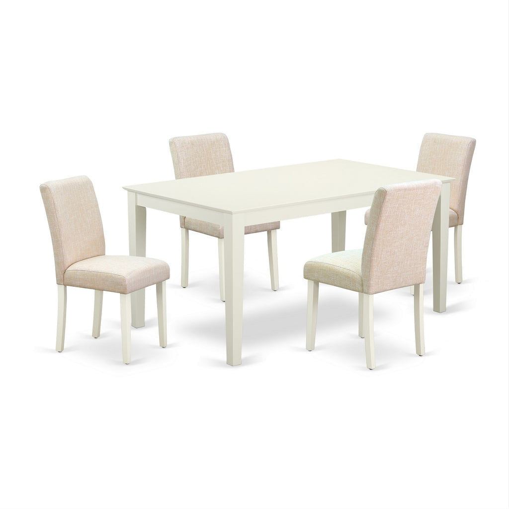 East West Furniture CAAB5-LWH-02 5 Piece Modern Dining Table Set Includes a Rectangle Kitchen Table and 4 Light Beige Linen Fabric Upholstered Chairs, 36x60 Inch, Linen White