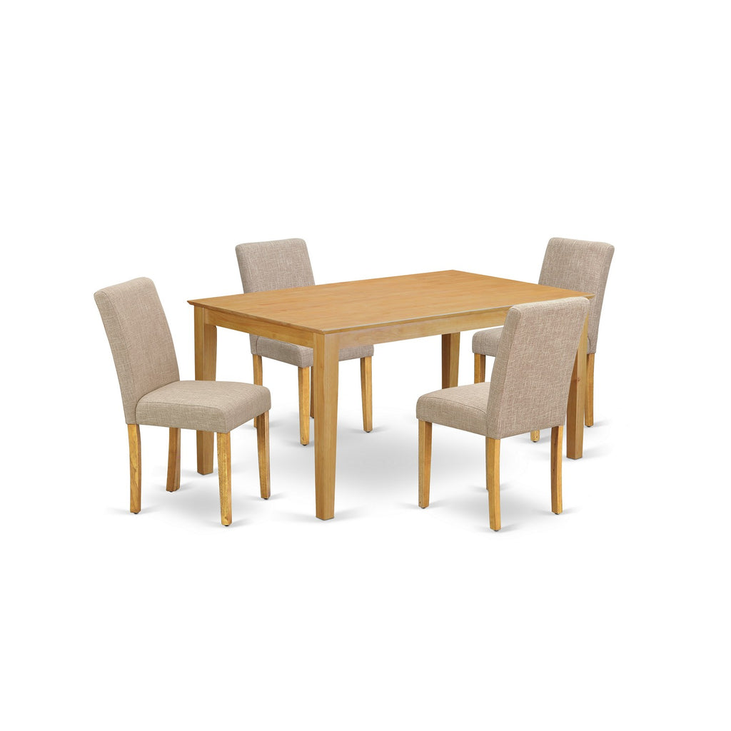 East West Furniture CAAB5-OAK-04 5 Piece Dining Table Set for 4 Includes a Rectangle Kitchen Table and 4 Light Tan Linen Fabric Parson Dining Chairs, 36x60 Inch, Oak
