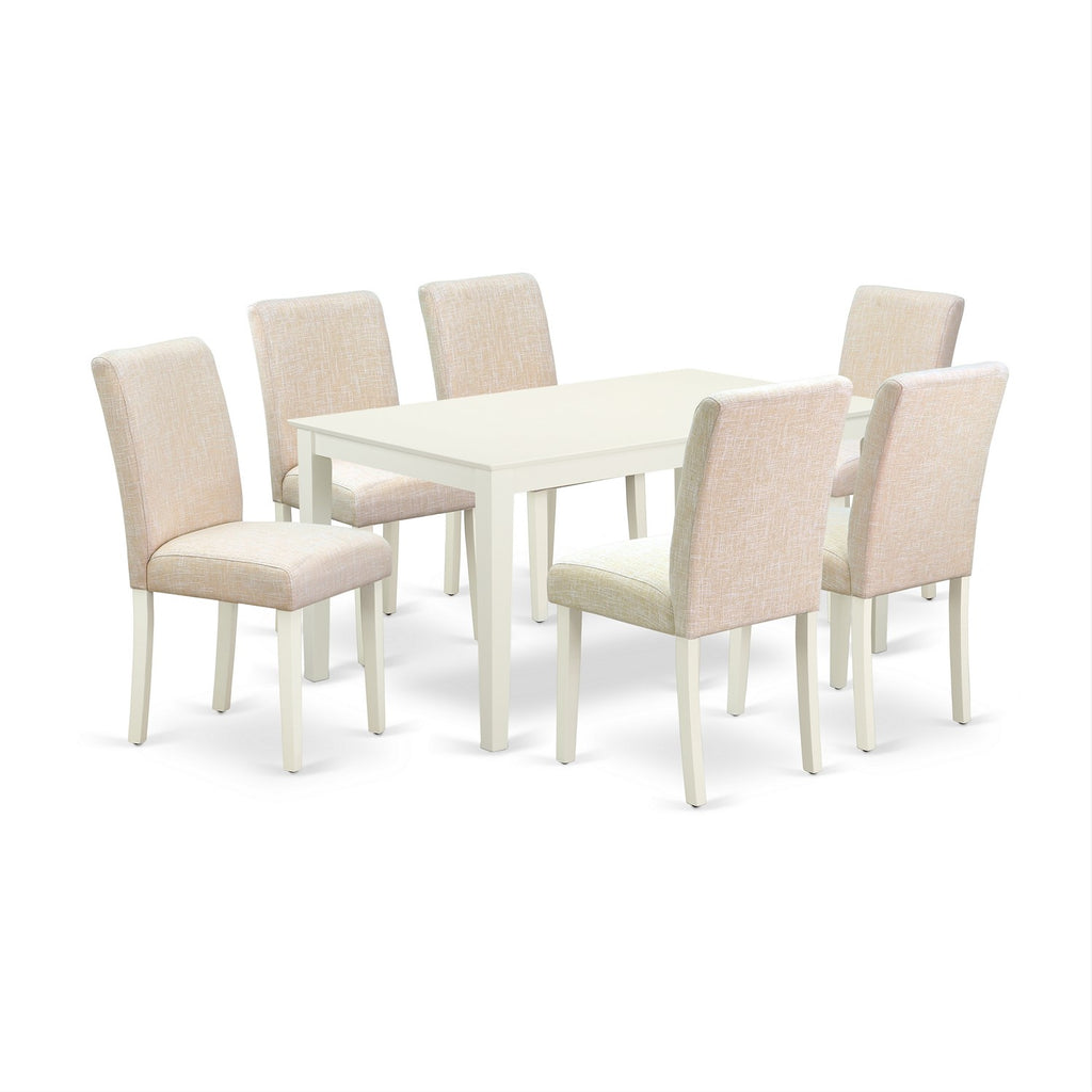 East West Furniture CAAB7-LWH-02 7 Piece Dining Room Furniture Set Consist of a Rectangle Dining Table and 6 Light Beige Linen Fabric Upholstered Parson Chairs, 36x60 Inch, Linen White