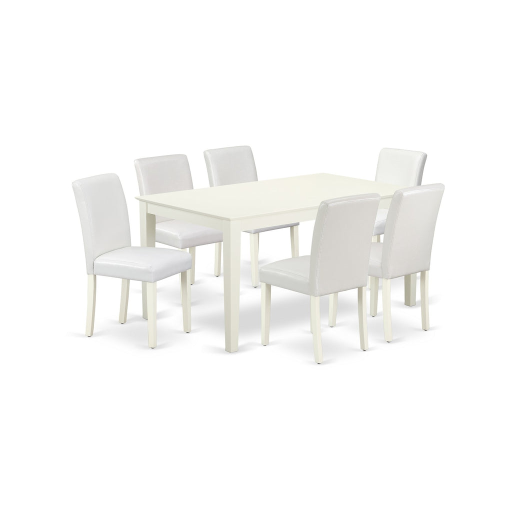 East West Furniture CAAB7-LWH-64 7 Piece Kitchen Table & Chairs Set Consist of a Rectangle Dining Room Table and 6 White Faux Leather Parsons Dining Chairs, 36x60 Inch, Linen White