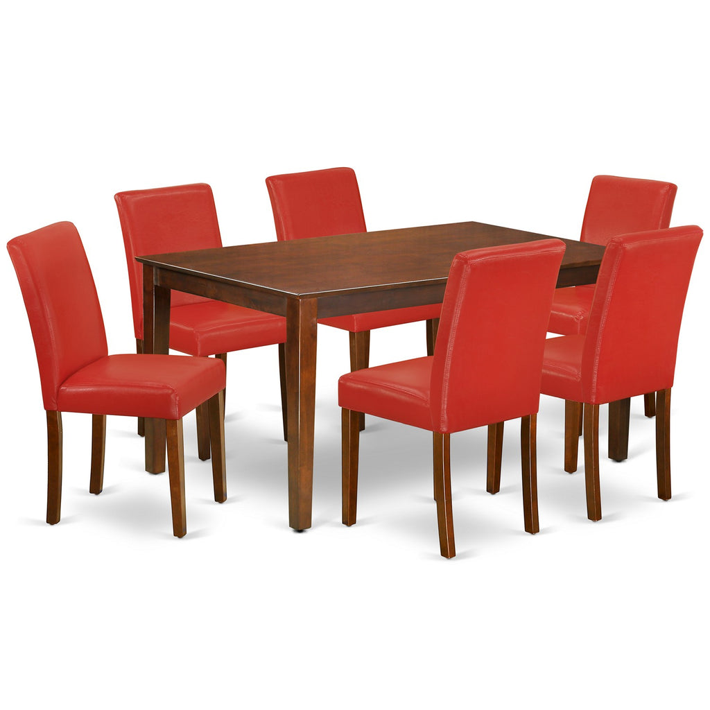 East West Furniture CAAB7-MAH-72 7 Piece Kitchen Table & Chairs Set Consist of a Rectangle Dining Room Table and 6 Firebrick Red Faux Leather Upholstered Chairs, 36x60 Inch, Mahogany