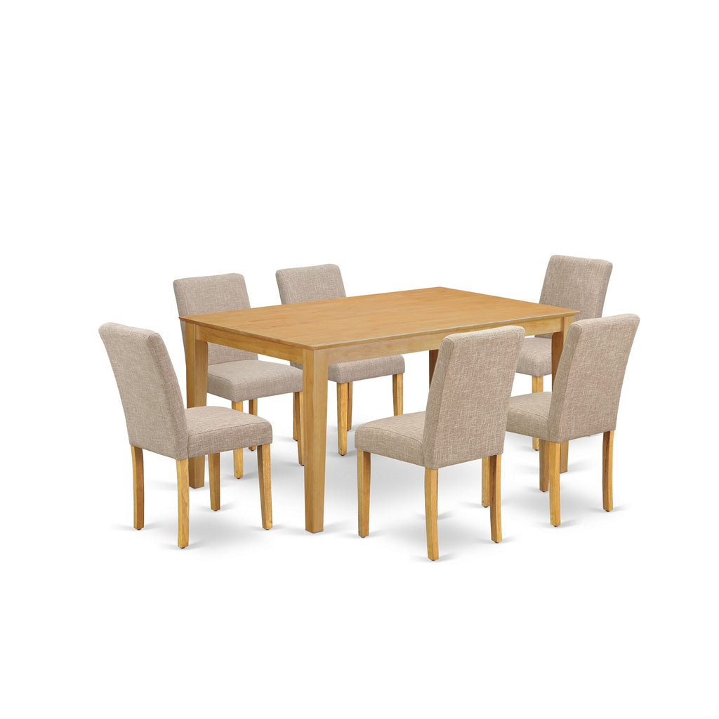 East West Furniture CAAB7-OAK-04 7 Piece Modern Dining Table Set Consist of a Rectangle Wooden Table and 6 Light Tan Linen Fabric Upholstered Chairs, 36x60 Inch, Oak