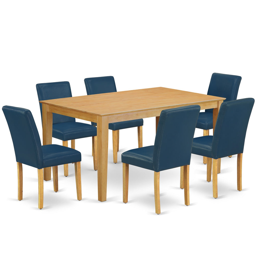 East West Furniture CAAB7-OAK-55 7 Piece Dining Table Set Consist of a Rectangle Dining Room Table and 6 Oasis Blue Faux Leather Upholstered Parson Chairs, 36x60 Inch, Oak