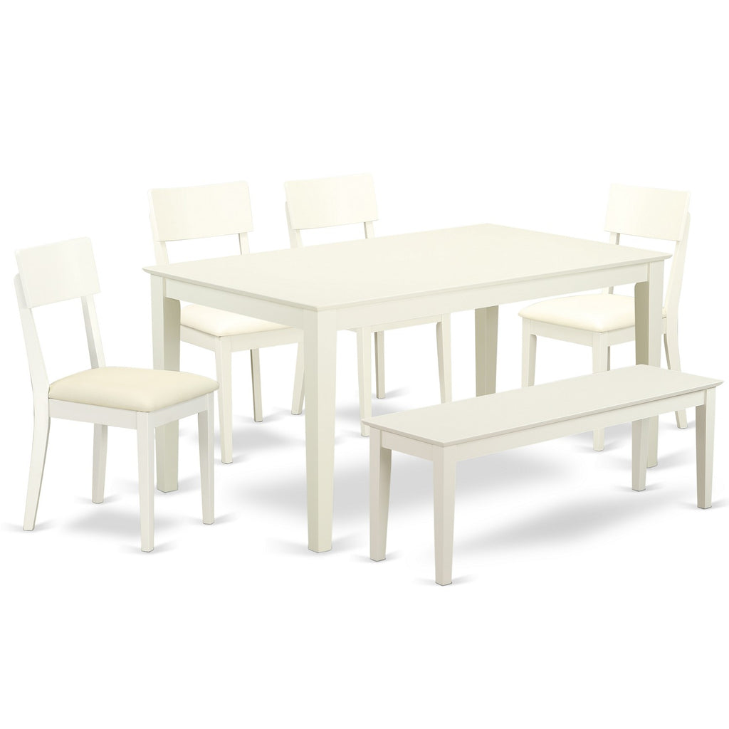 East West Furniture CAAD6-LWH-LC 6 Piece Dining Table Set Contains a Rectangle Dining Room Table and 4 Faux Leather Upholstered Chairs with a Bench, 36x60 Inch, Linen White