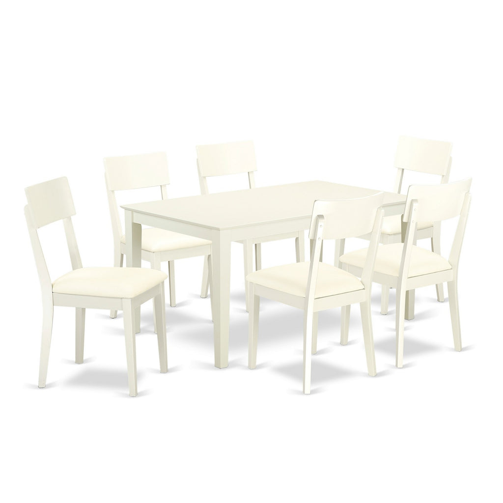 East West Furniture CAAD7-LWH-LC 7 Piece Dining Table Set Consist of a Rectangle Wooden Table and 6 Faux Leather Dining Room Chairs, 36x60 Inch, Linen White