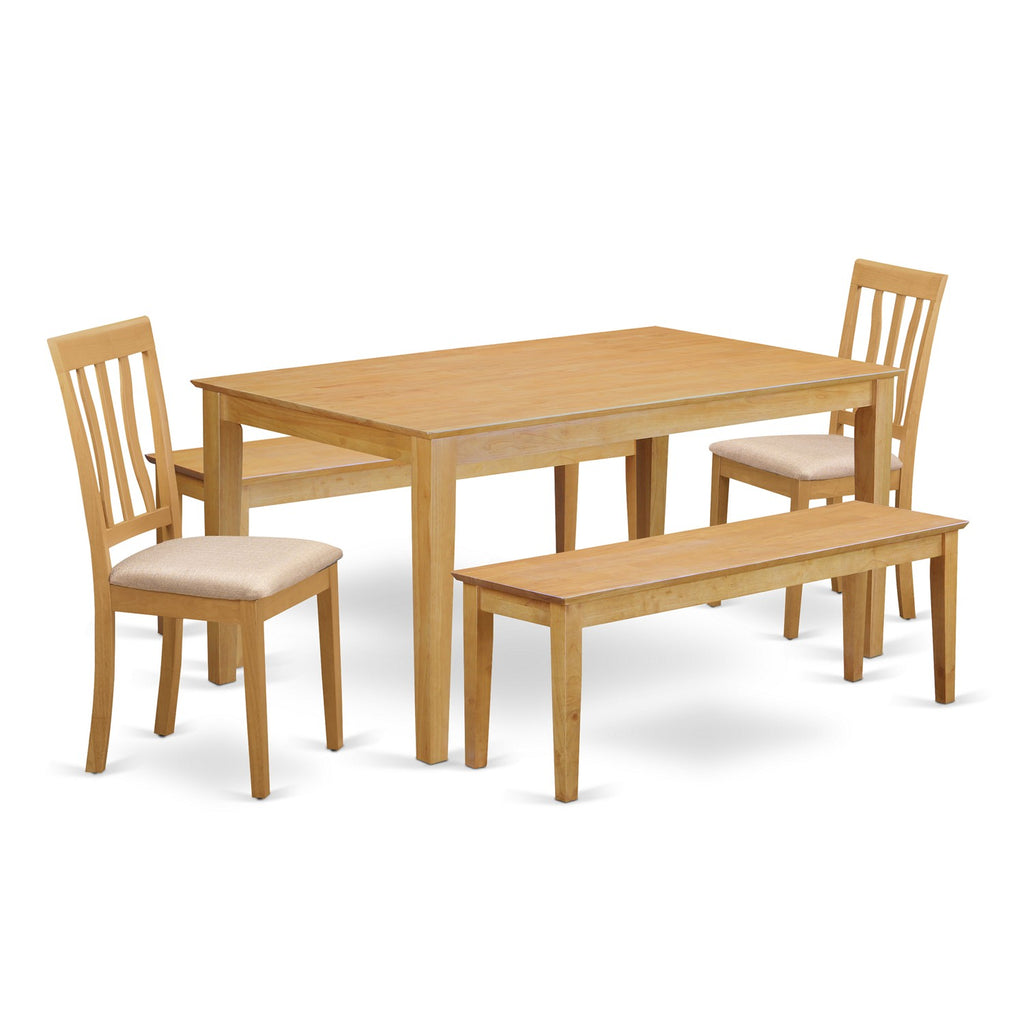East West Furniture CAAN5C-OAK-C 5 Piece Modern Dining Table Set Includes a Rectangle Kitchen Table and 2 Linen Fabric Upholstered Chairs with 2 Benches, 36x60 Inch, Oak