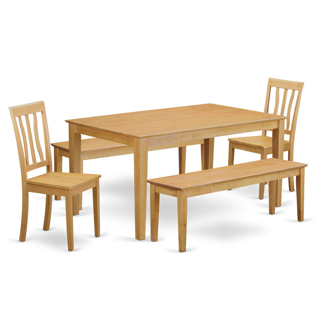 East West Furniture CAAN5C-OAK-W 5 Piece Dining Table Set for 4 Includes a Rectangle Kitchen Table and 2 Dining Chairs with 2 Benches, 36x60 Inch, Oak
