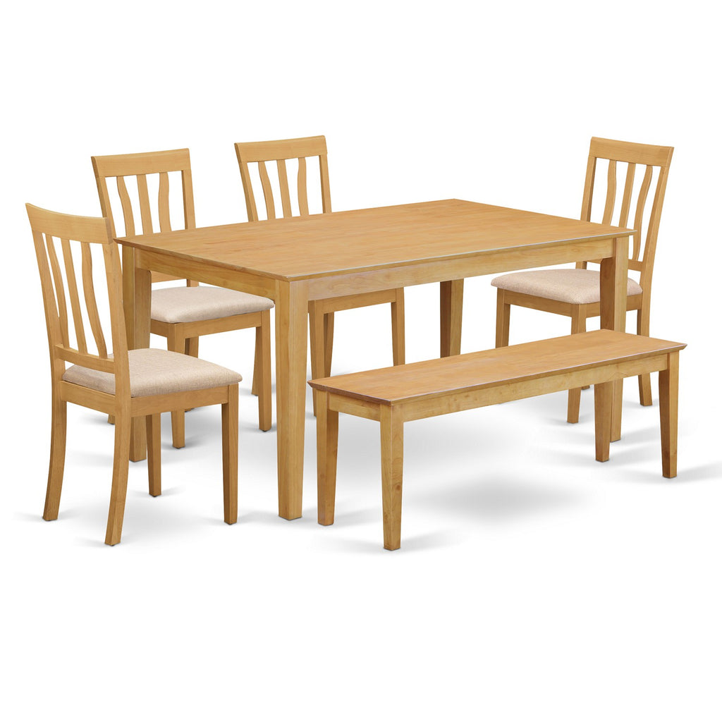 East West Furniture CAAN6-OAK-C 6 Piece Dining Table Set Contains a Rectangle Kitchen Table and 4 Linen Fabric Dining Chairs with a Bench, 36x60 Inch, Oak