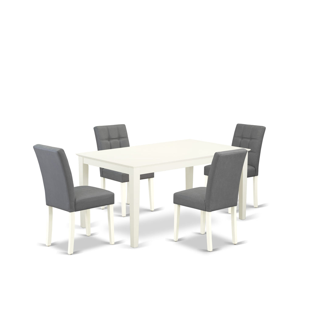 East West Furniture CAAS5-LWH-41 5 Piece Dining Table Set consists A Modern Table and 4 Platinum Gray Faux Leather Dinner Chairs with Stylish Back- Linen White Finish