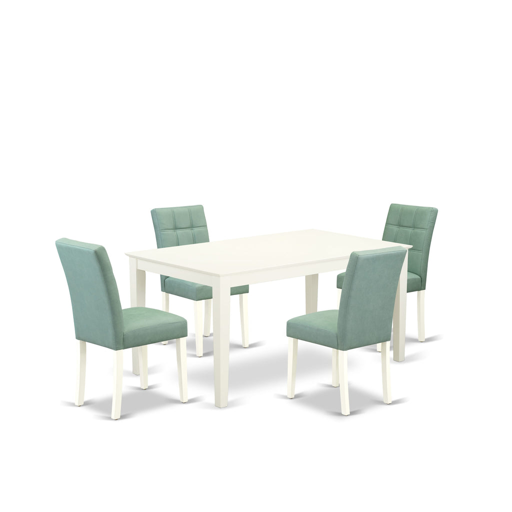 East West Furniture CAAS5-LWH-43 5 Piece Dining Room Set contain A Dinner Table and 4 Willow Green Faux Leather Upholstered Dining Chairs, Linen White