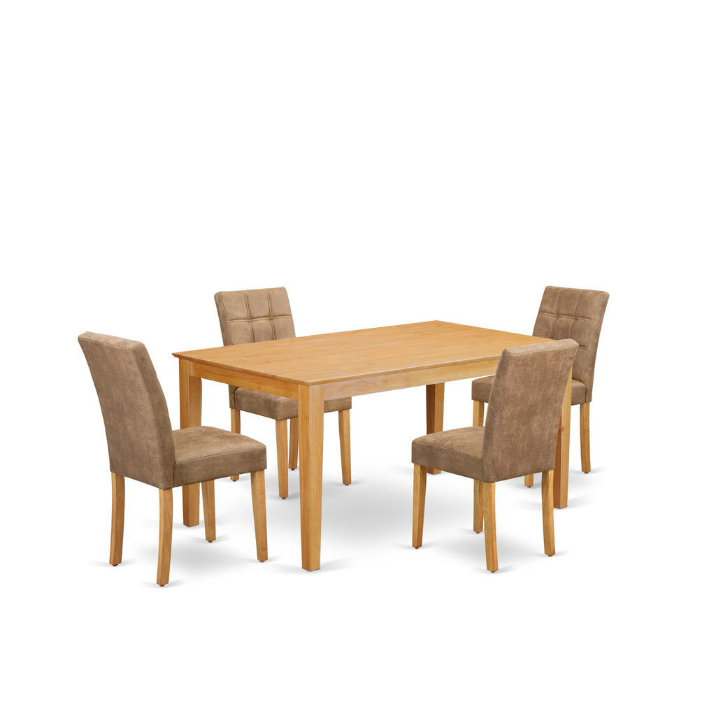 East West Furniture CAAS5-OAK-28 5 Piece Mid Century Modern Dining Table Set Includes A Modern Dining Table and 4 Brown Textured Faux Leather Dining Chairs, Oak