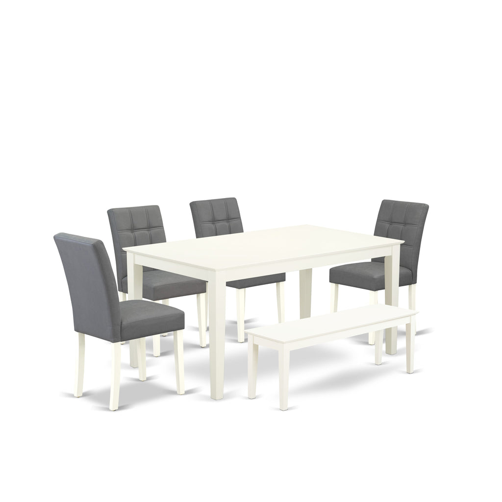 East West Furniture CAAS6-LWH-41 6 Piece Dining Table Set contain A Modern Table a Wooden Bench and 4 Platinum Gray Faux Leather Dinner Chairs with Stylish Back- Linen White Finish