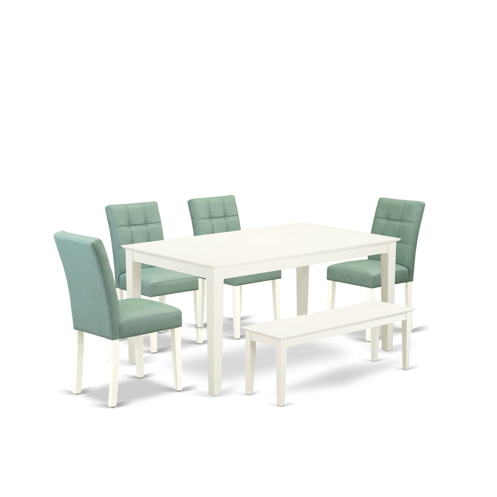 East West Furniture CAAS6-LWH-43 6 Piece Table Set consists A Wood Table, a Bench and 4 Willow Green Faux Leather Mid-Century Modern Dining Chairs, Linen White