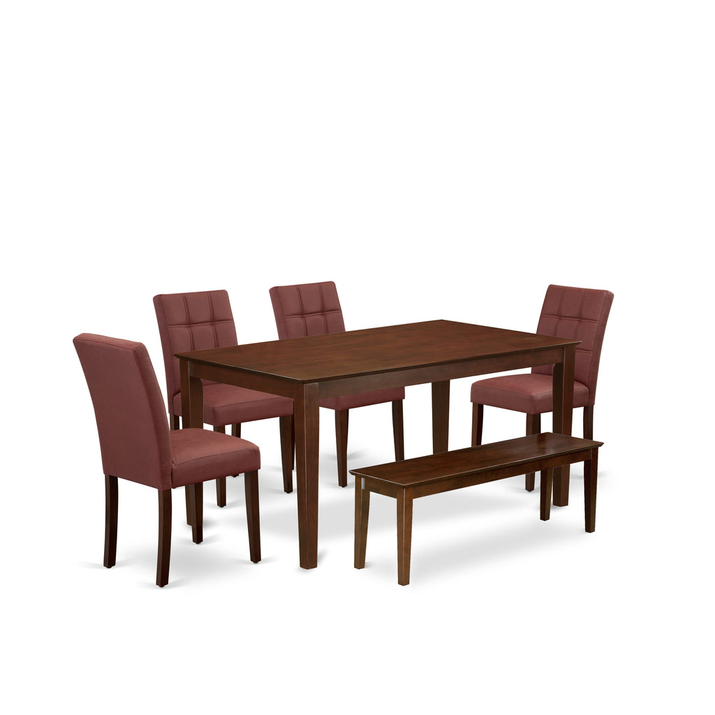 East West Furniture CAAS6-MAH-26 6 Piece Mid Century Modern Dining Set consists A Mid Century Table, a Bench and 4 Burgundy Faux Leather Dinner Chairs, Mahogany