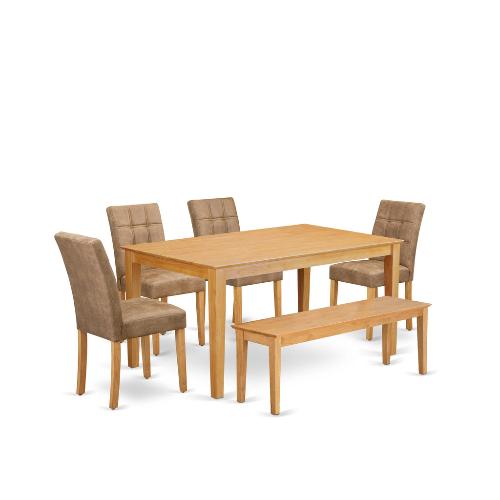 East West Furniture CAAS6-OAK-28 6 Piece Dinner Table Set contain A Wood Dining Table, a Bench and 4 Brown Textured Faux Leather Dining Room Chairs, Oak