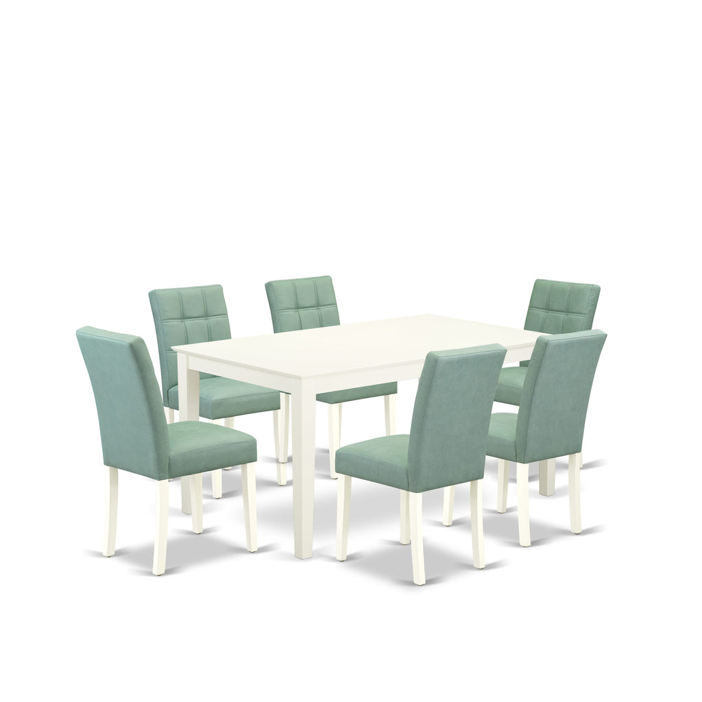 East West Furniture CAAS7-LWH-43 7 Piece Modern Dining Table Set Includes A Modern Dining Table and 6 Willow Green Faux Leather Dinning Chairs, Linen White