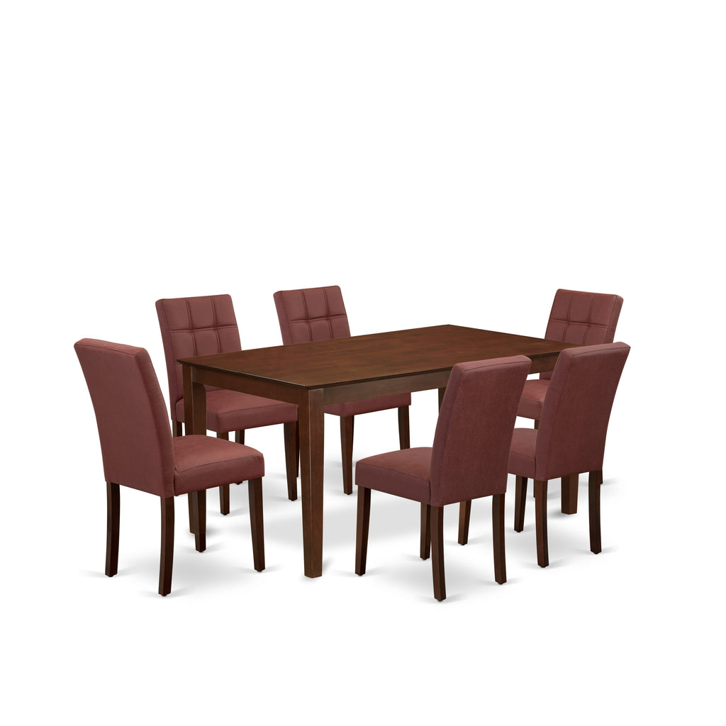 East West Furniture CAAS7-MAH-26 7 Piece Kitchen Dining Table Set Includes A Dinner Table and 6 Burgundy Faux Leather Parsons Chairs, Mahogany