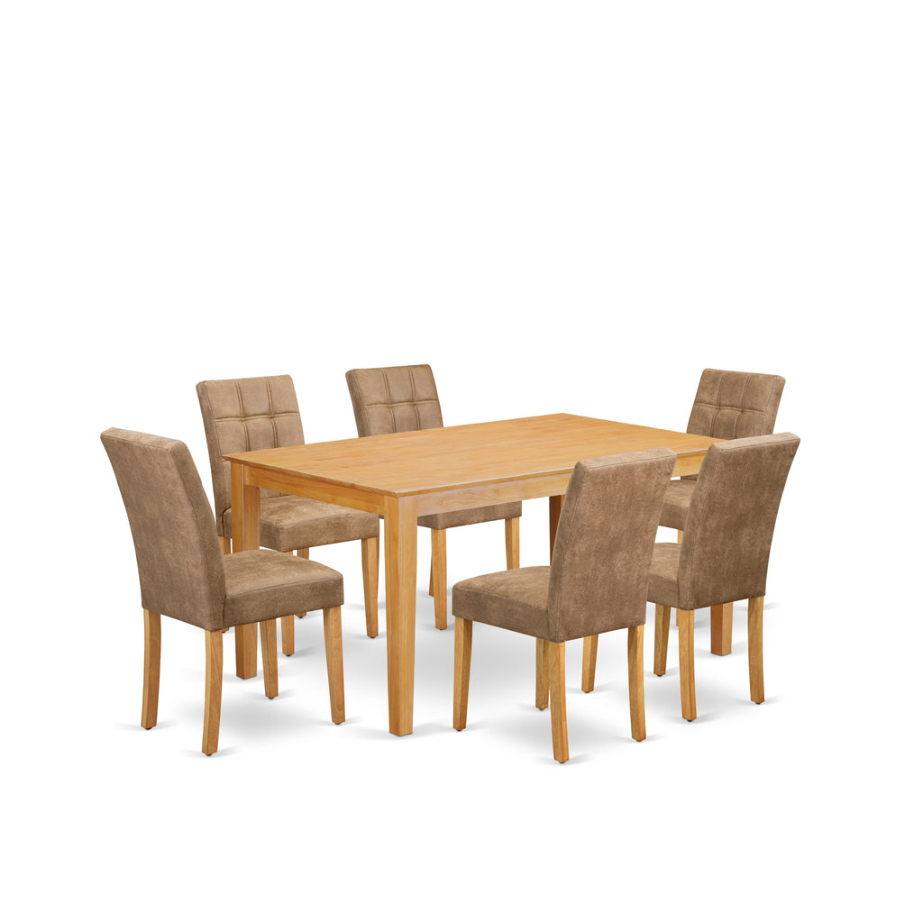 East West Furniture CAAS7-OAK-28 7 Piece Dining Room Table Set consists A Mid Century Modern Dining Table and 6 Brown Textured Faux Leather Kitchen Chairs, Oak