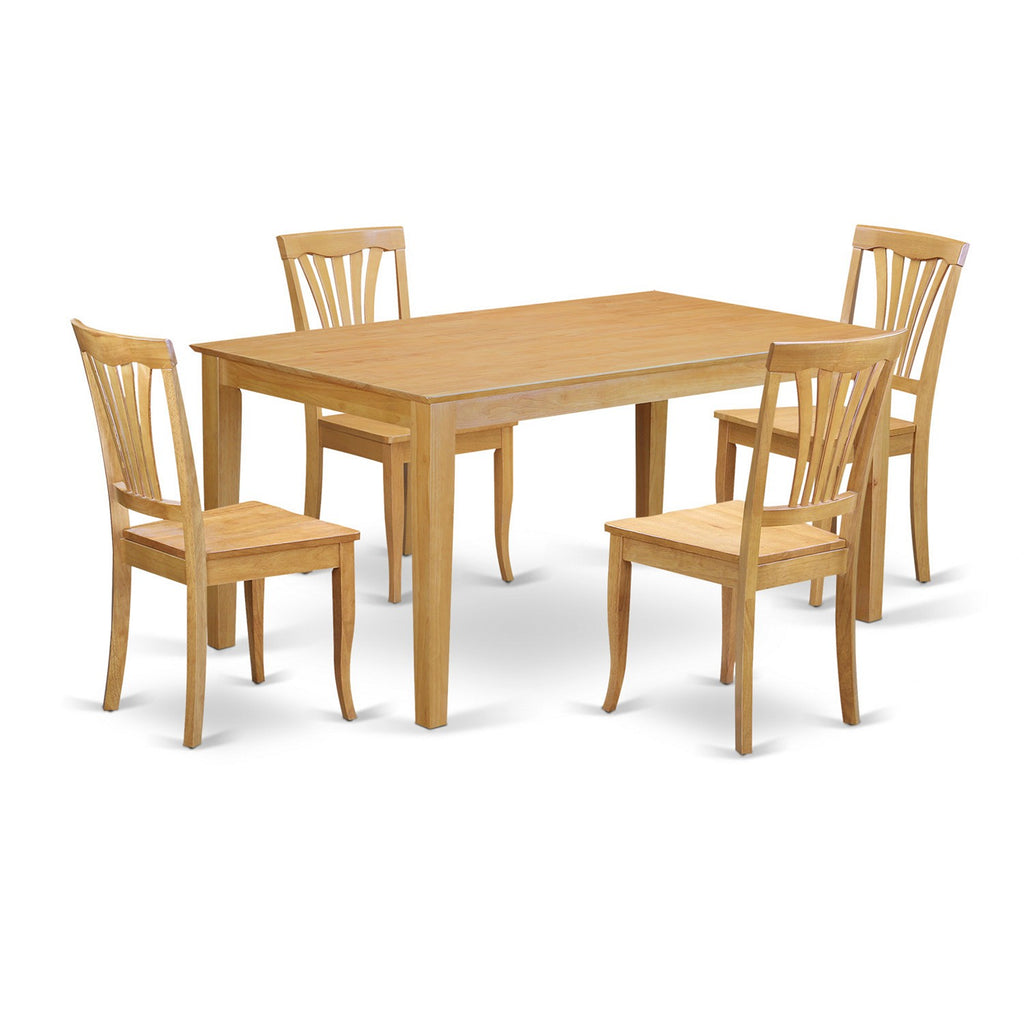 East West Furniture CAAV5-OAK-W 5 Piece Kitchen Table Set for 4 Includes a Rectangle Dining Room Table and 4 Solid Wood Seat Chairs, 36x60 Inch, Oak