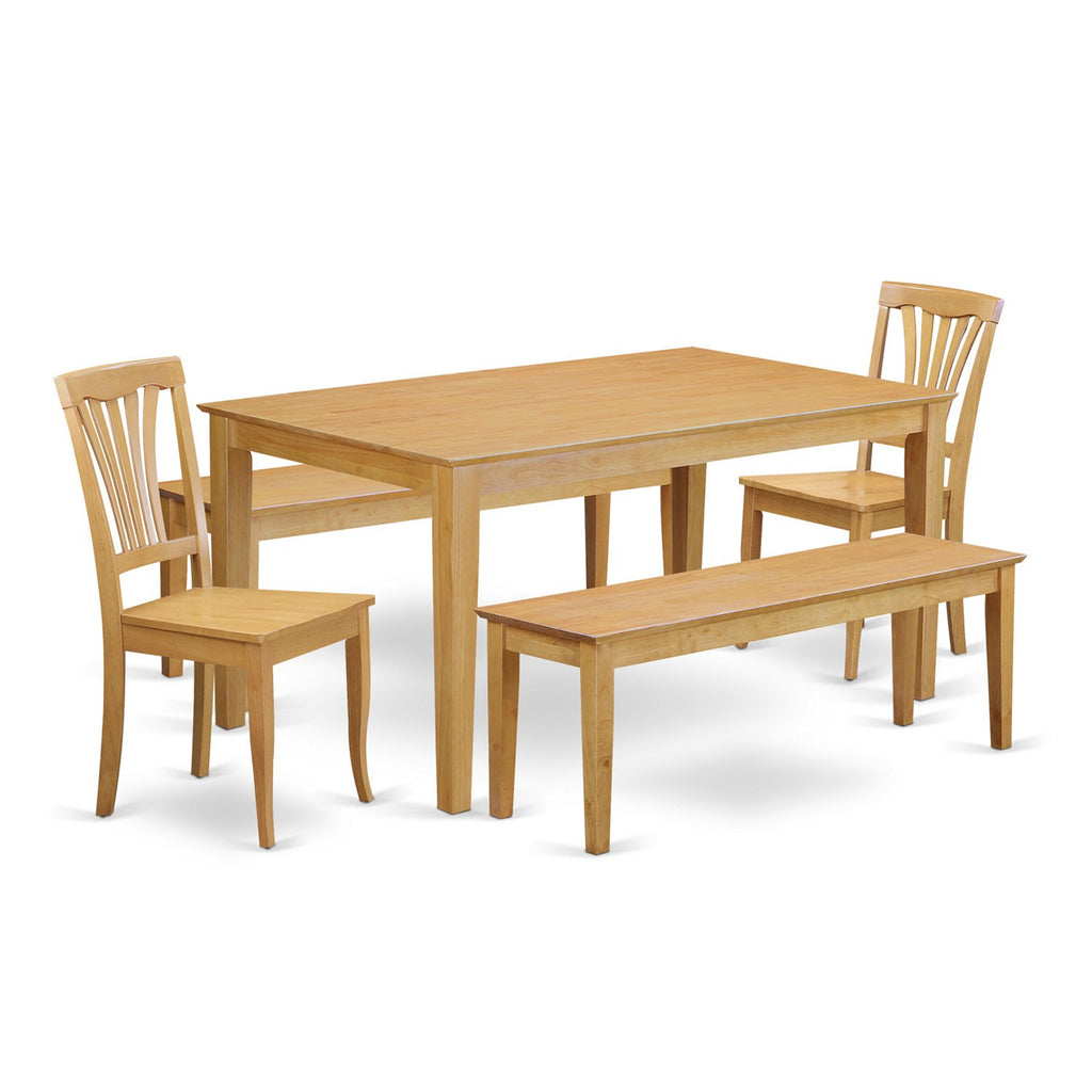 East West Furniture CAAV5C-OAK-W 5 Piece Dining Table Set for 4 Includes a Rectangle Kitchen Table and 2 Dining Chairs with 2 Benches, 36x60 Inch, Oak