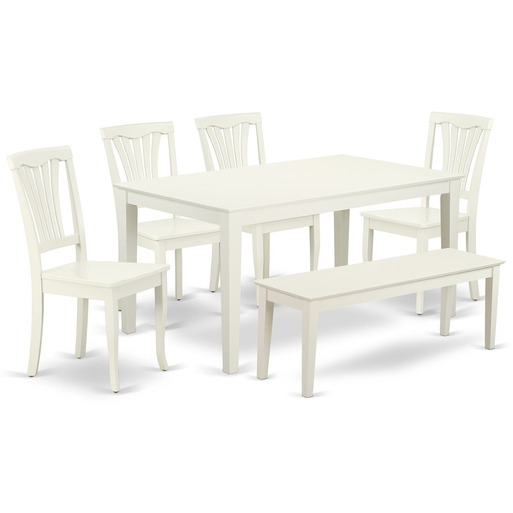 East West Furniture CAAV6-LWH-W 6 Piece Dining Table Set Contains a Rectangle Kitchen Table and 4 Dining Chairs with a Bench, 36x60 Inch, Linen White