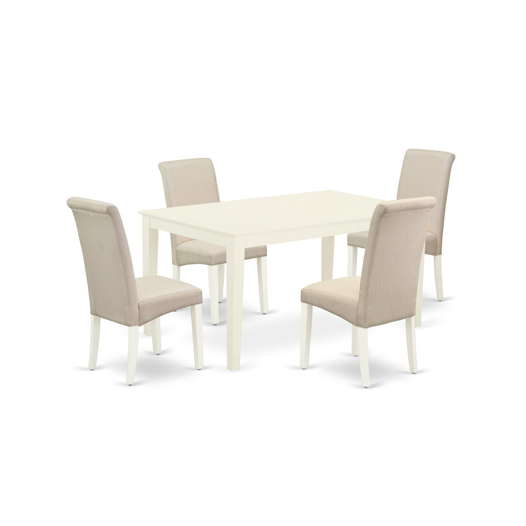 East West Furniture CABA5-LWH-01 5 Piece Dining Room Table Set Includes a Rectangle Kitchen Table and 4 Cream Linen Fabric Parson Dining Chairs, 36x60 Inch, Linen White