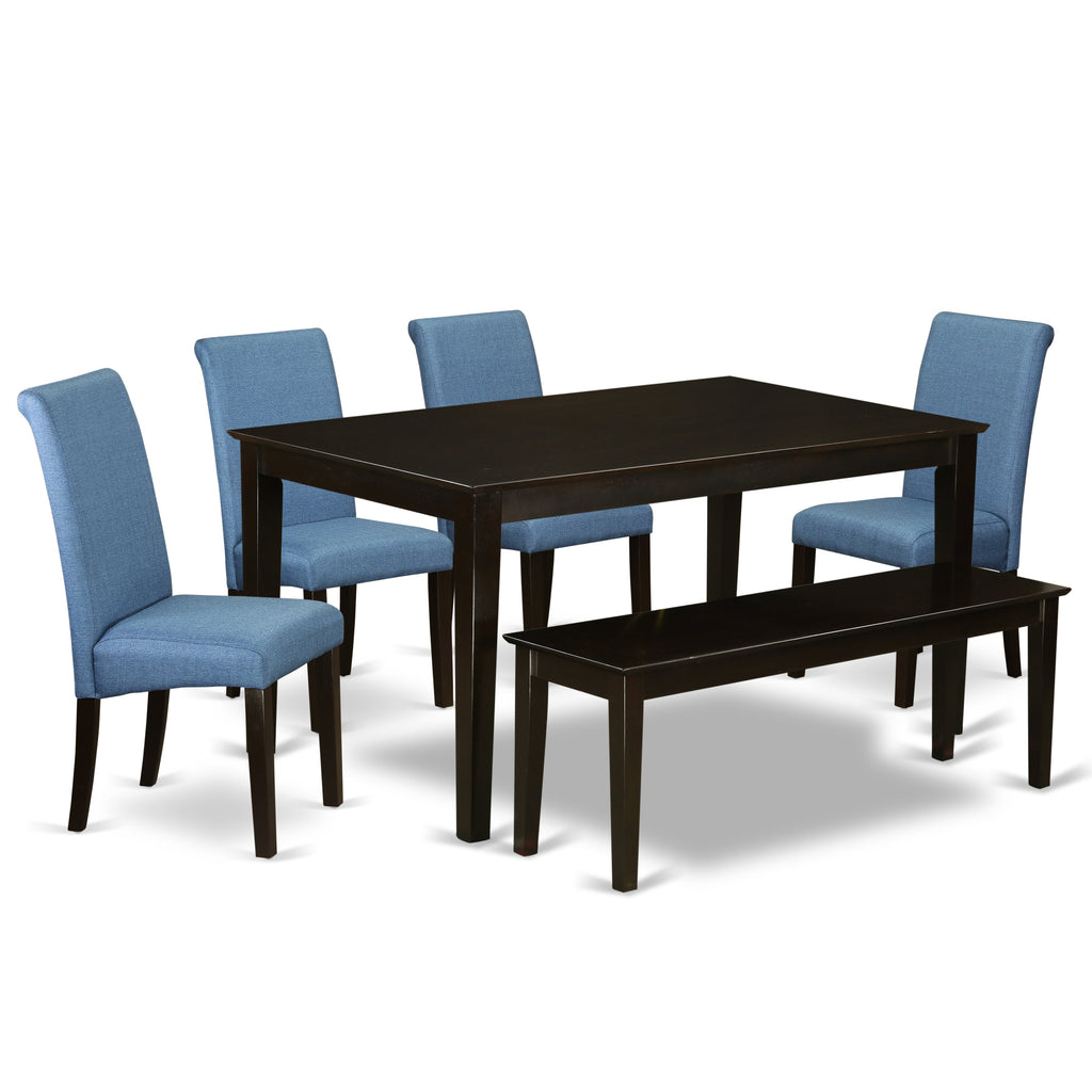 East West Furniture CABA6-CAP-21 6 Piece Modern Dining Table Set Contains a Rectangle Wooden Table and 4 Blue Color Linen Fabric Parson Chairs with a Bench, 36x60 Inch, Cappuccino