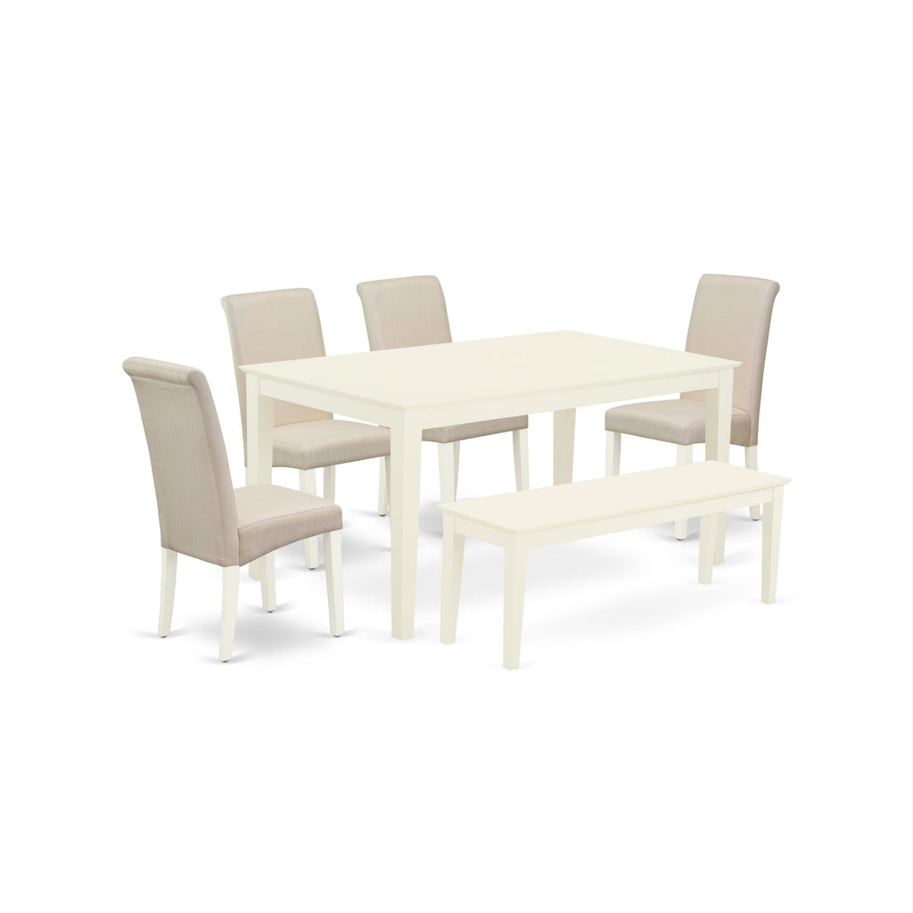 East West Furniture CABA6-LWH-01 6 Piece Kitchen Table Set Contains a Rectangle Dining Table and 4 Cream Linen Fabric Parson Chairs with a Bench, 36x60 Inch, Linen White