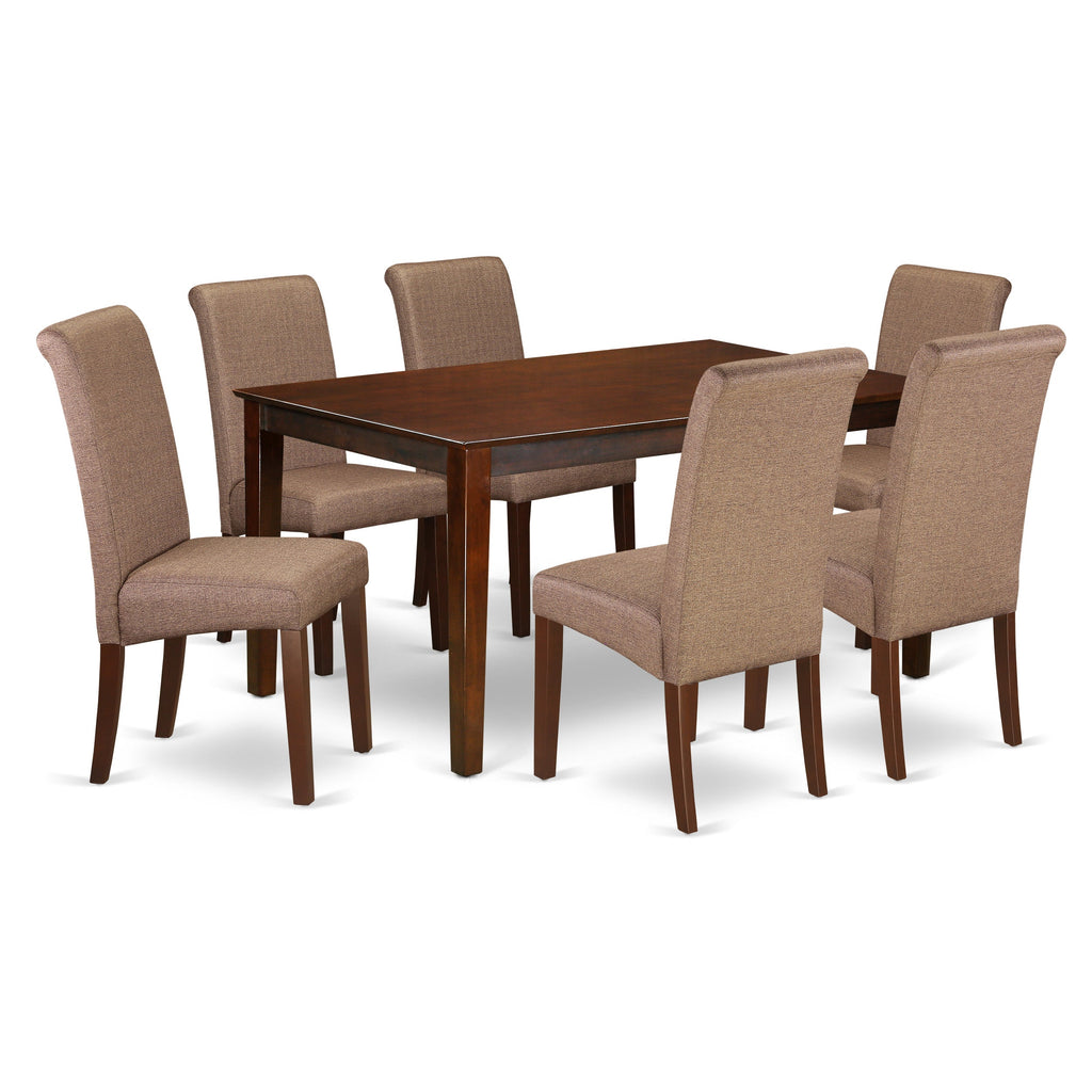 East West Furniture CABA7-MAH-18 7 Piece Dining Room Table Set Consist of a Rectangle Kitchen Table and 6 Brown Linen Linen Fabric Parsons Dining Chairs, 36x60 Inch, Mahogany