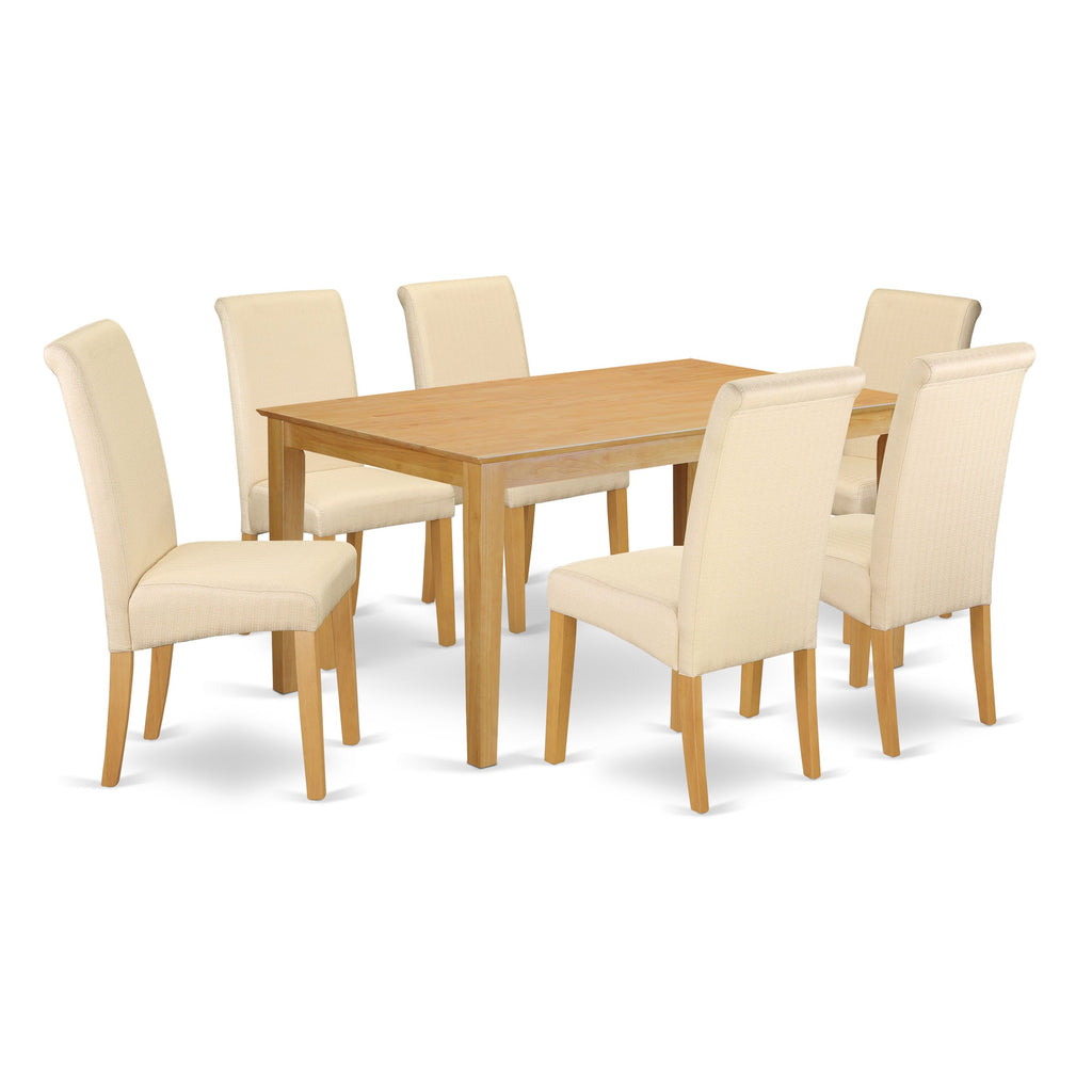East West Furniture CABA7-OAK-02 7 Piece Kitchen Table & Chairs Set Consist of a Rectangle Dining Table and 6 Light Beige Linen Fabric Parson Dining Room Chairs, 36x60 Inch, Oak