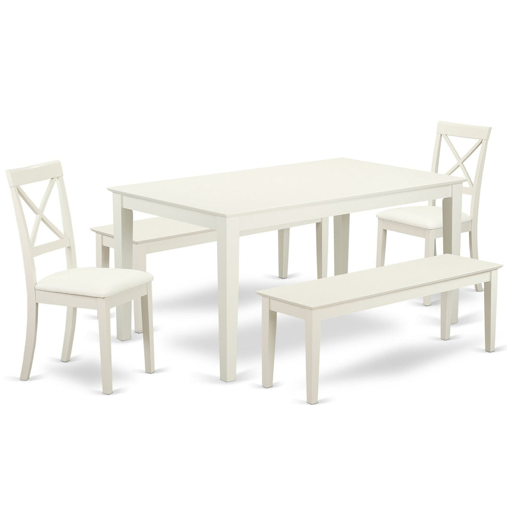 East West Furniture CABO5C-LWH-LC 5 Piece Dining Table Set for 4 Includes a Rectangle Kitchen Table and 2 Faux Leather Dining Room Chairs with 2 Benches, 36x60 Inch, Linen White
