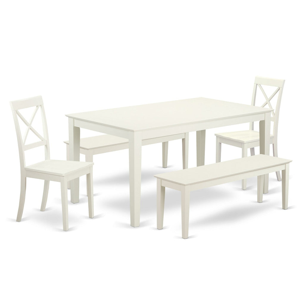 East West Furniture CABO5C-LWH-W 5 Piece Dining Table Set for 4 Includes a Rectangle Kitchen Table and 2 Dining Chairs with 2 Benches, 36x60 Inch, Linen White