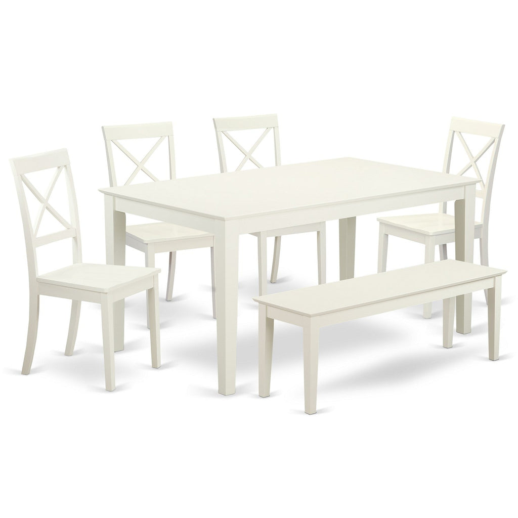 East West Furniture CABO6-LWH-W 6 Piece Dining Set Contains a Rectangle Dining Room Table and 4 Kitchen Chairs with a Bench, 36x60 Inch, Linen White