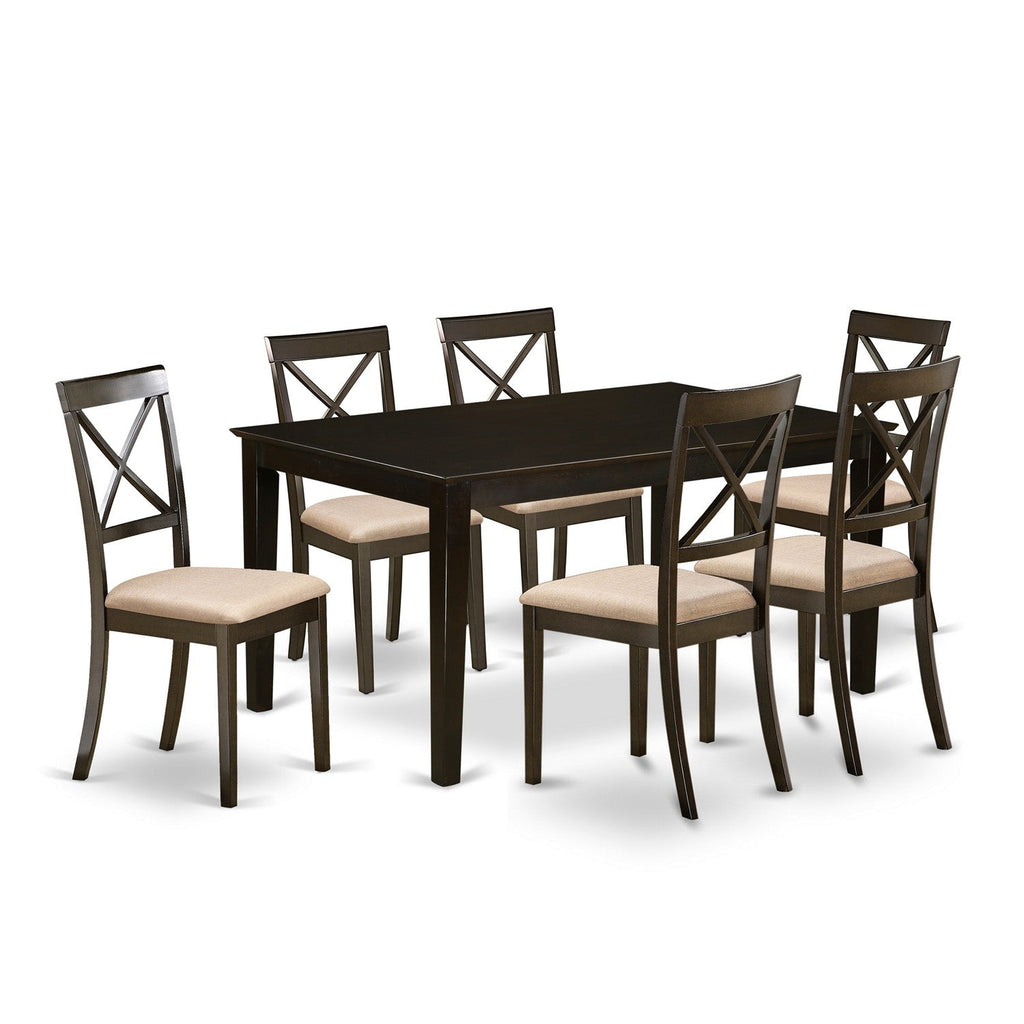 East West Furniture CABO7S-CAP-C 7 Piece Modern Dining Table Set Consist of a Rectangle Wooden Table and 6 Linen Fabric Dining Room Chairs, 36x60 Inch, Cappuccino
