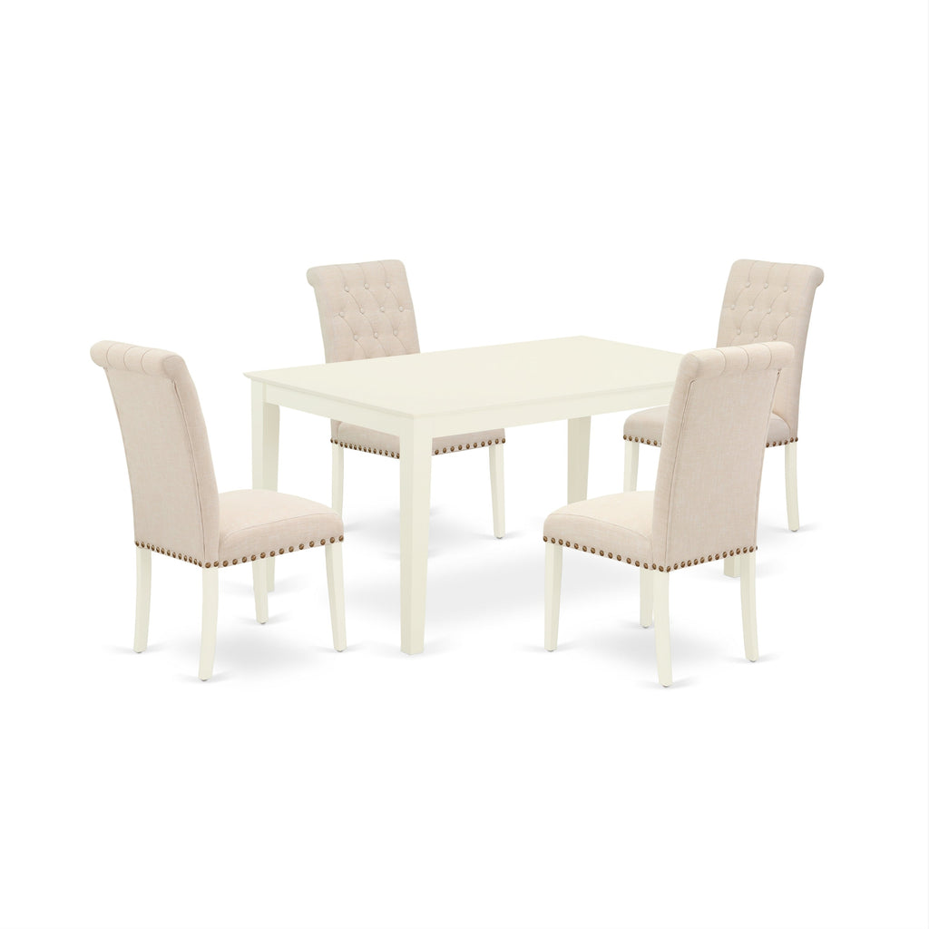 East West Furniture CABR5-LWH-02 5 Piece Dinette Set for 4 Includes a Rectangle Dining Room Table and 4 Light Beige Linen Fabric Upholstered Parson Chairs, 36x60 Inch, Linen White