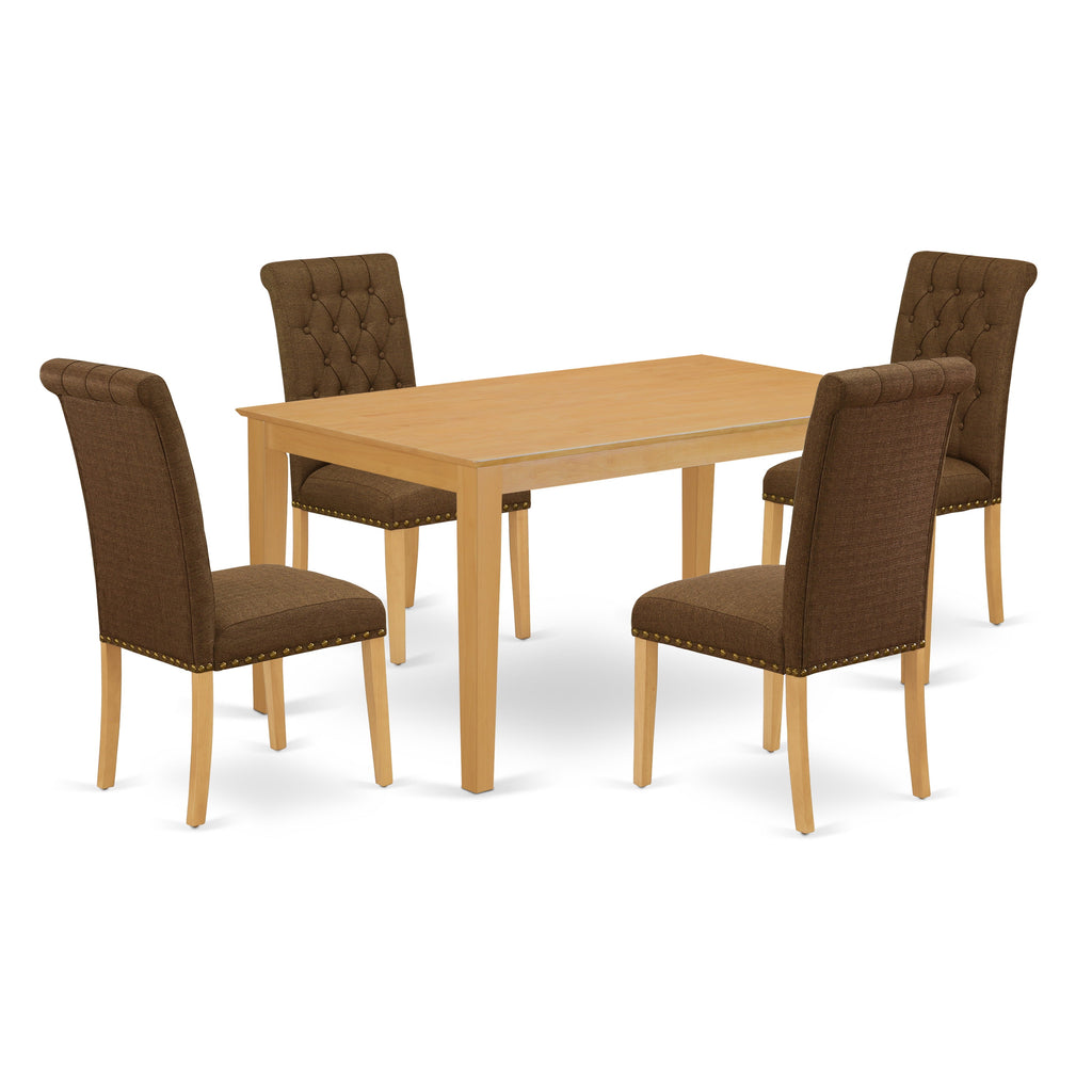 East West Furniture CABR5-OAK-18 5 Piece Dining Room Furniture Set Includes a Rectangle Dining Table and 4 Brown Linen Linen Fabric Upholstered Chairs, 36x60 Inch, Oak