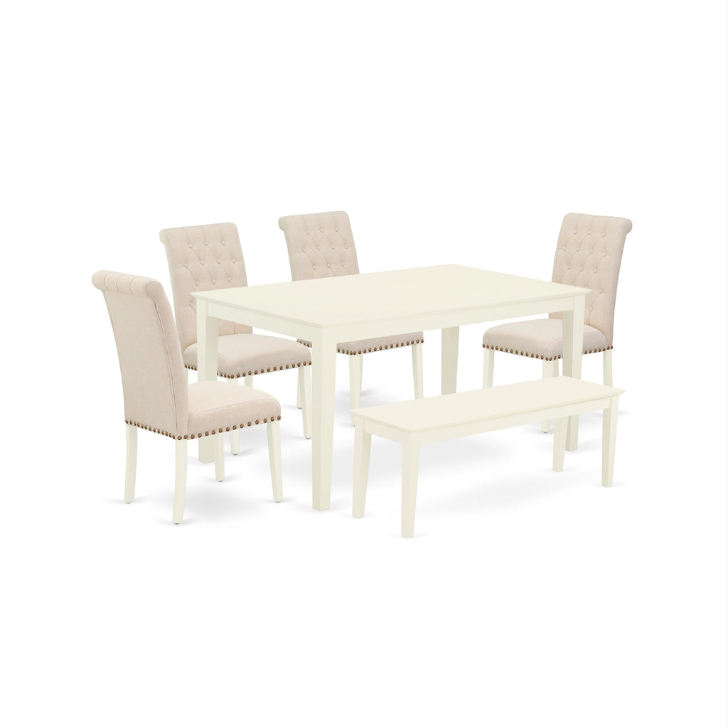 East West Furniture CABR6-LWH-02 6 Piece Dining Table Set Contains a Rectangle Kitchen Table and 4 Light Beige Linen Fabric Upholstered Chairs with a Bench, 36x60 Inch, Linen White
