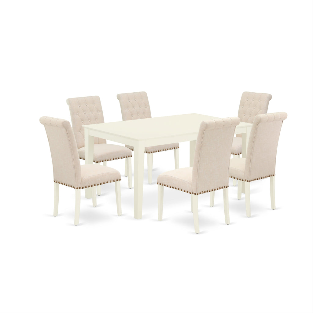 East West Furniture CABR7-LWH-02 7 Piece Dining Table Set Consist of a Rectangle Kitchen Table and 6 Light Beige Linen Fabric Parson Dining Chairs, 36x60 Inch, Linen White