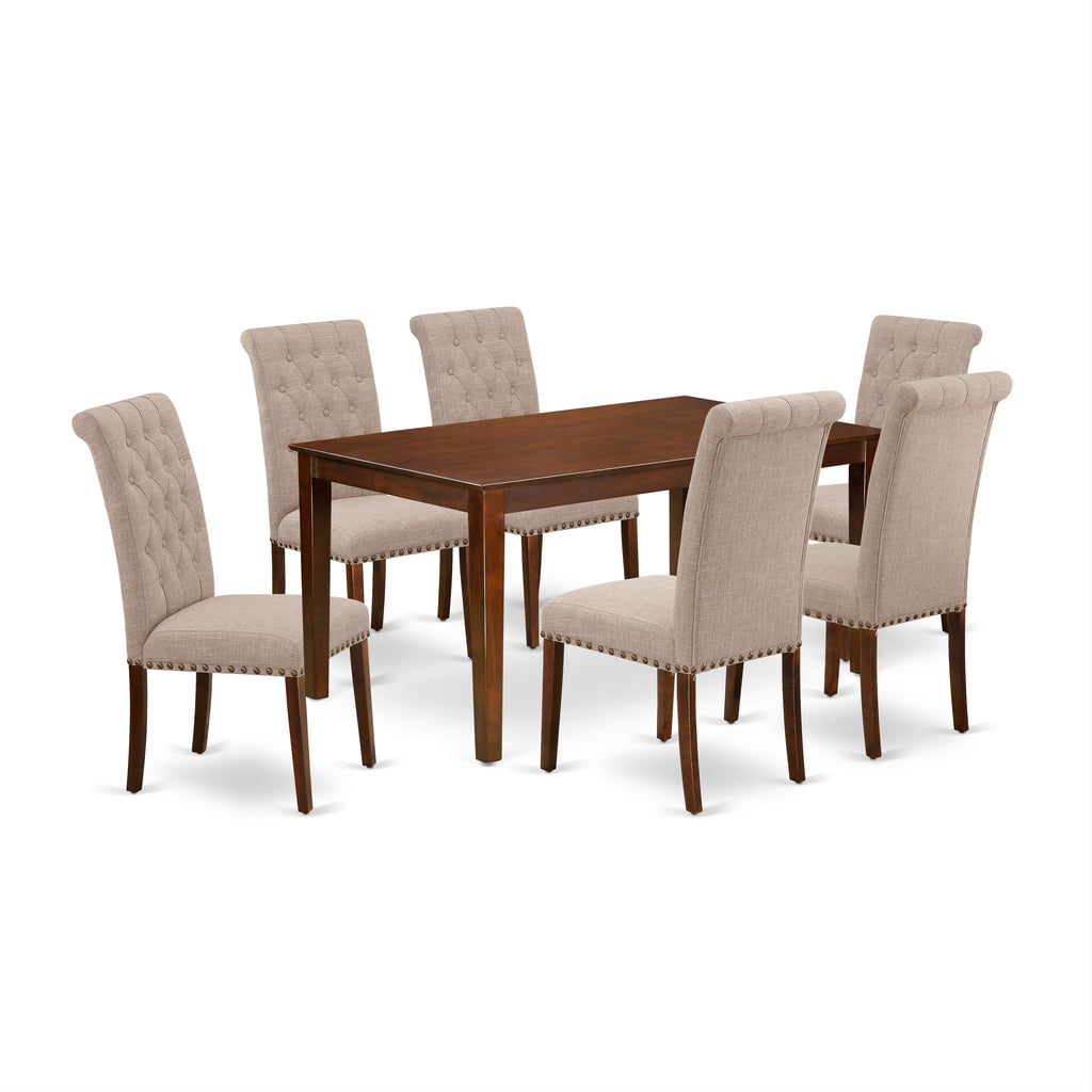 East West Furniture CABR7-MAH-04 7 Piece Dining Room Table Set Consist of a Rectangle Kitchen Table and 6 Light Tan Linen Fabric Parson Dining Chairs, 36x60 Inch, Mahogany