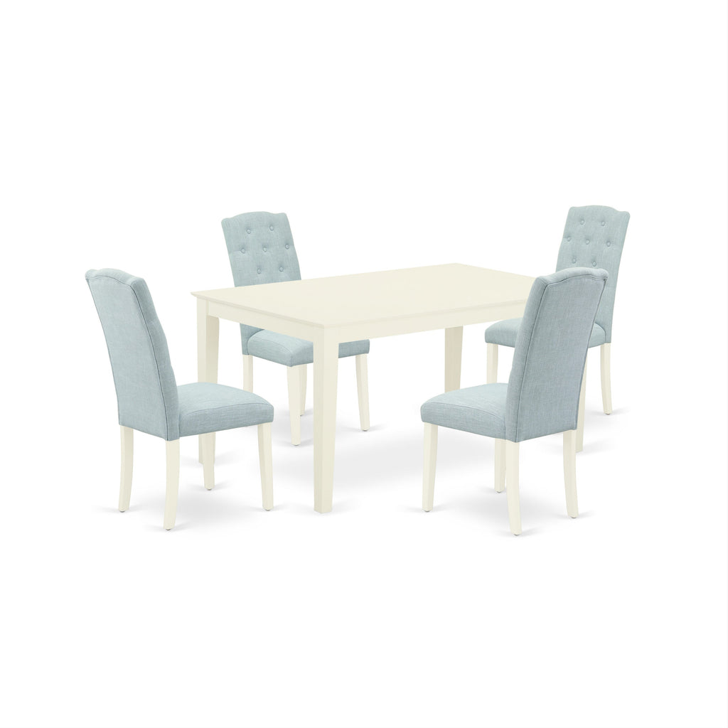 East West Furniture CACE5-LWH-15 5 Piece Dining Set Includes a Rectangle Dining Room Table and 4 Baby Blue Linen Fabric Upholstered Chairs, 36x60 Inch, Linen White