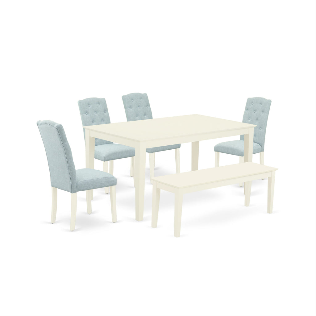 East West Furniture CACE6-LWH-15 6 Piece Dining Room Table Set Contains a Rectangle Kitchen Table and 4 Baby Blue Linen Fabric Parson Chairs with a Bench, 36x60 Inch, Linen White