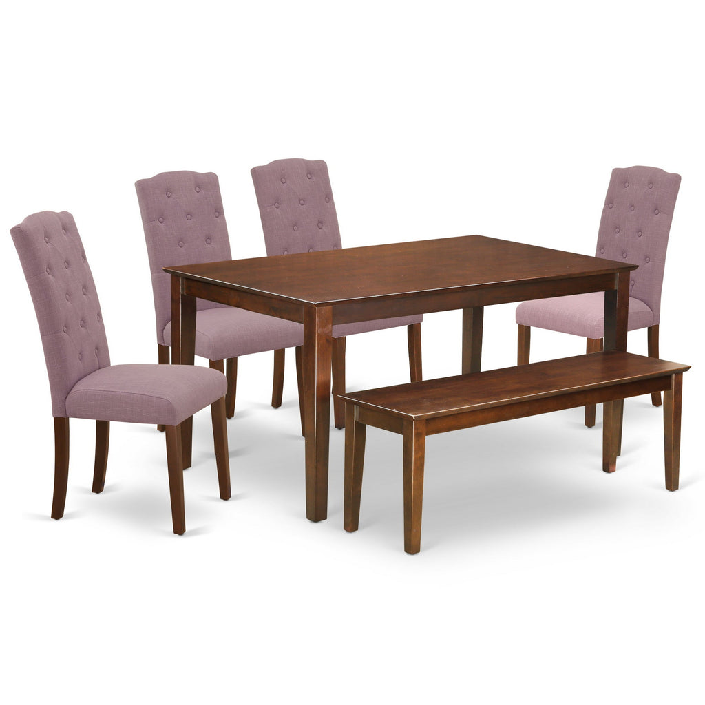East West Furniture CACE6-MAH-10 6 Piece Dining Room Table Set Contains a Rectangle Kitchen Table and 4 Dahlia Linen Fabric Parson Chairs with a Bench, 36x60 Inch, Mahogany