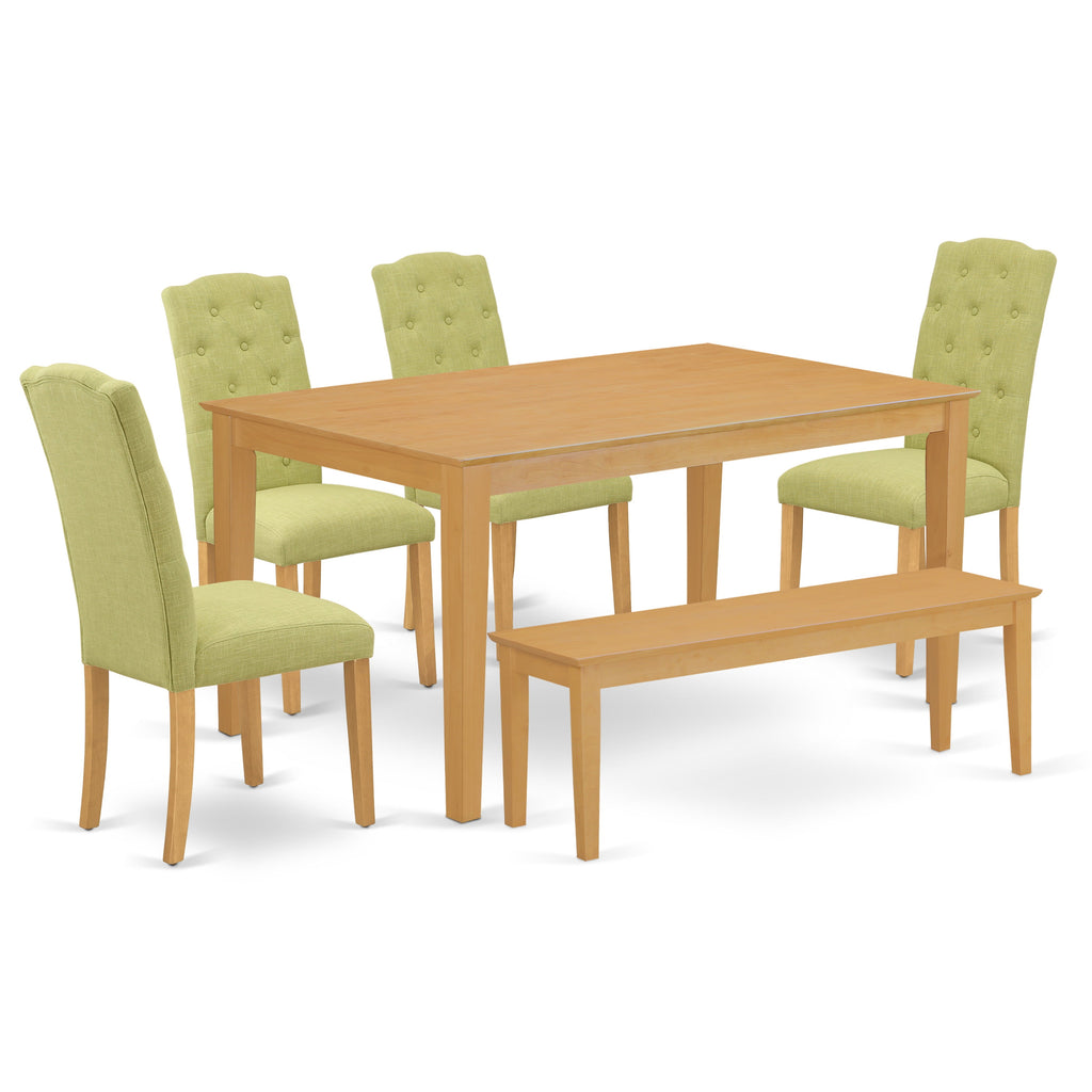 East West Furniture CACE6-OAK-07 6 Piece Dining Room Furniture Set Contains a Rectangle Dining Table and 4 Limelight Linen Fabric Upholstered Chairs with a Bench, 36x60 Inch, Oak