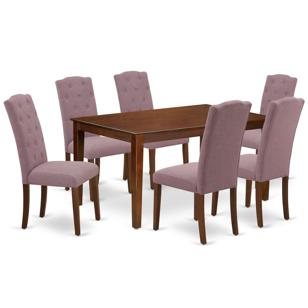 East West Furniture CACE7-MAH-10 7 Piece Dining Room Furniture Set Consist of a Rectangle Dining Table and 6 Dahlia Linen Fabric Upholstered Chairs, 36x60 Inch, Mahogany