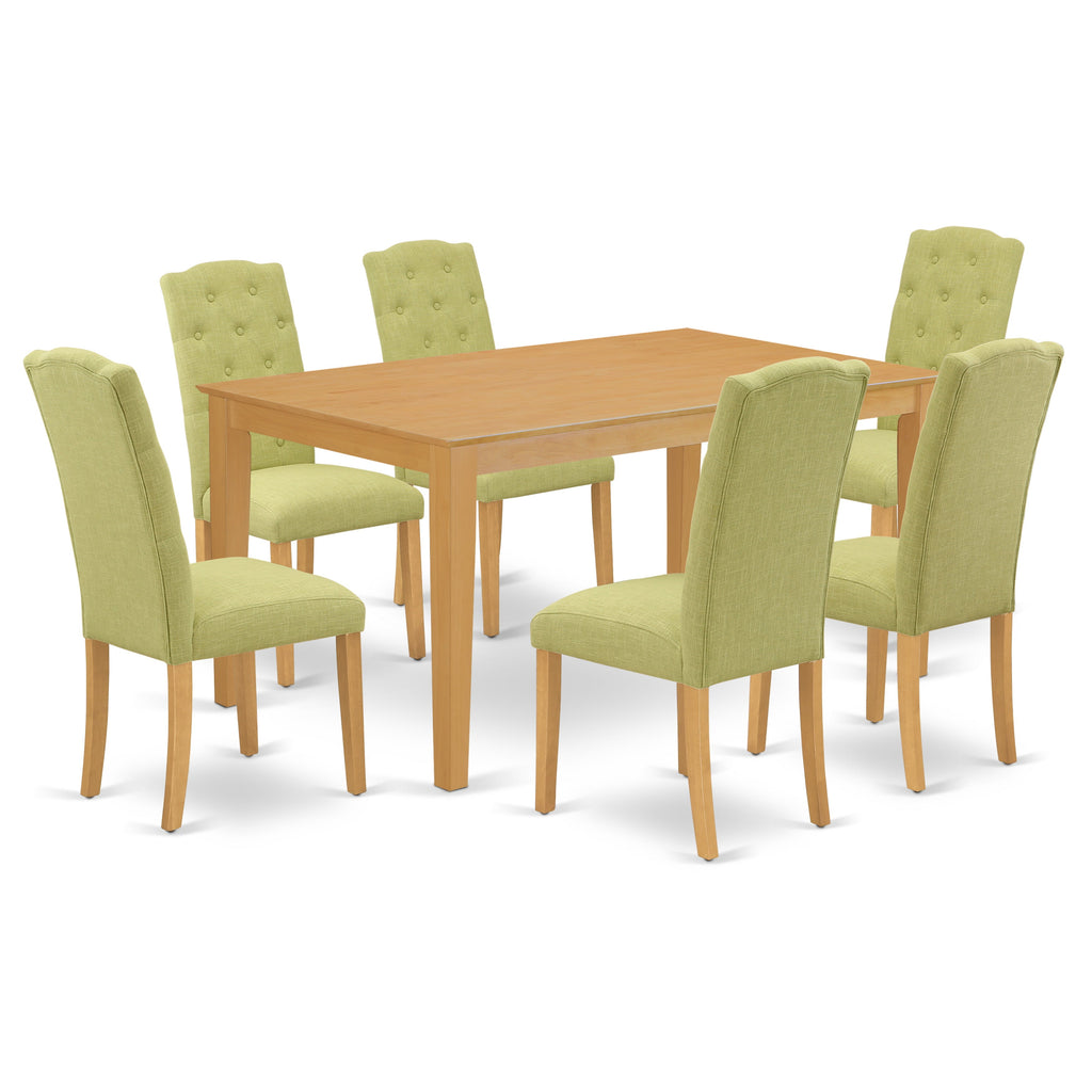 East West Furniture CACE7-OAK-07 7 Piece Dining Room Furniture Set Consist of a Rectangle Dining Table and 6 Limelight Linen Fabric Upholstered Chairs, 36x60 Inch, Oak