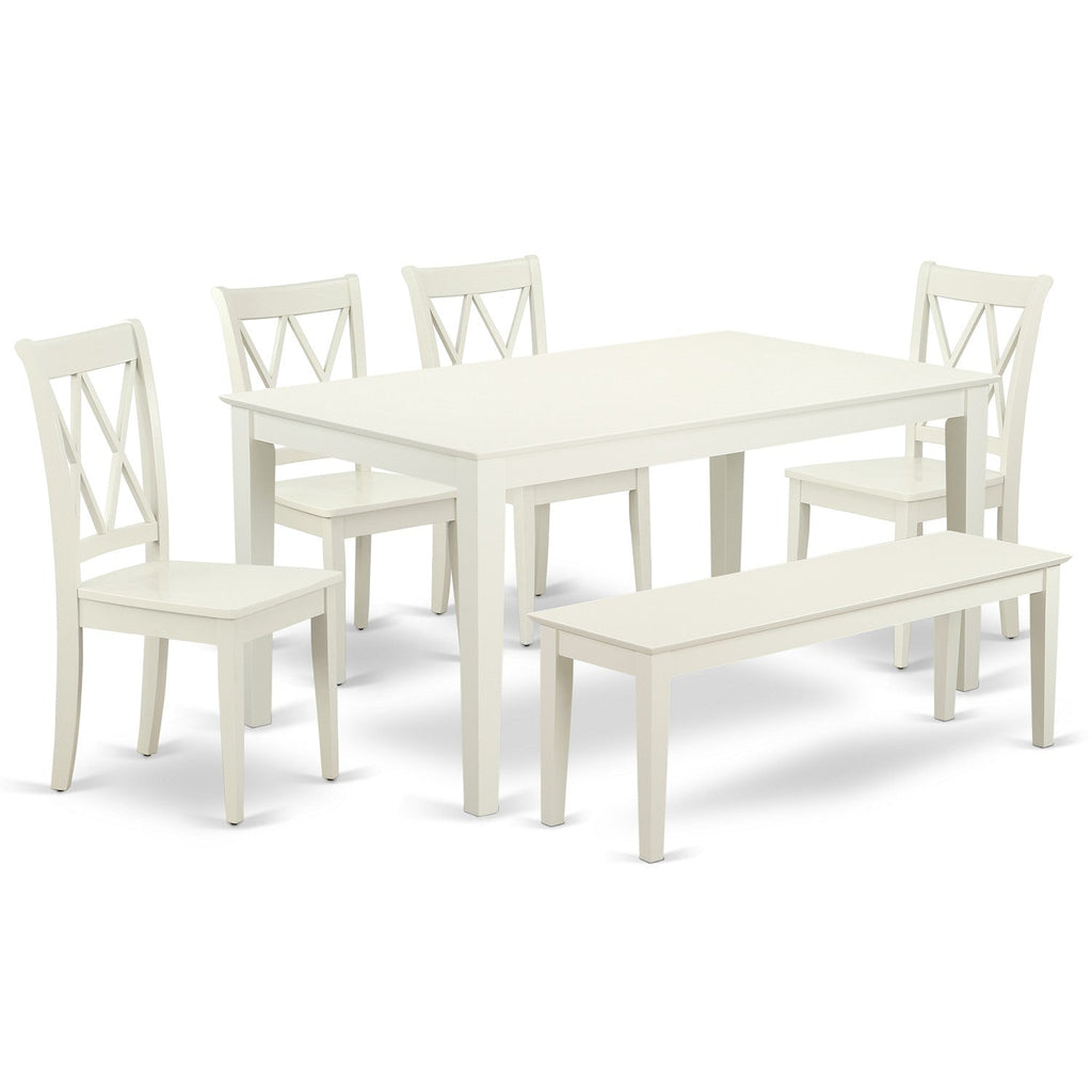 East West Furniture CACL6-LWH-W 6 Piece Kitchen Table Set Contains a Rectangle Dining Table and 4 Dining Chairs with a Bench, 36x60 Inch, Linen White