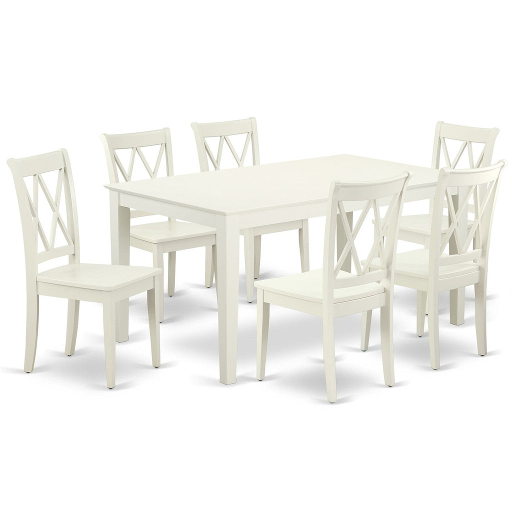 East West Furniture CACL7-LWH-W 7 Piece Dining Table Set Consist of a Rectangle Wooden Table and 6 Dining Room Chairs, 36x60 Inch, Linen White