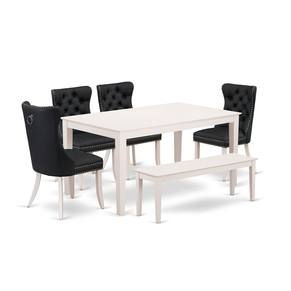 East West Furniture CADA6-LWH-12 6 Piece Dining Room Furniture Set Contains a Rectangle Modern Dining Table and 4 Parson Chairs with a Bench, 36x60 Inch, linen white