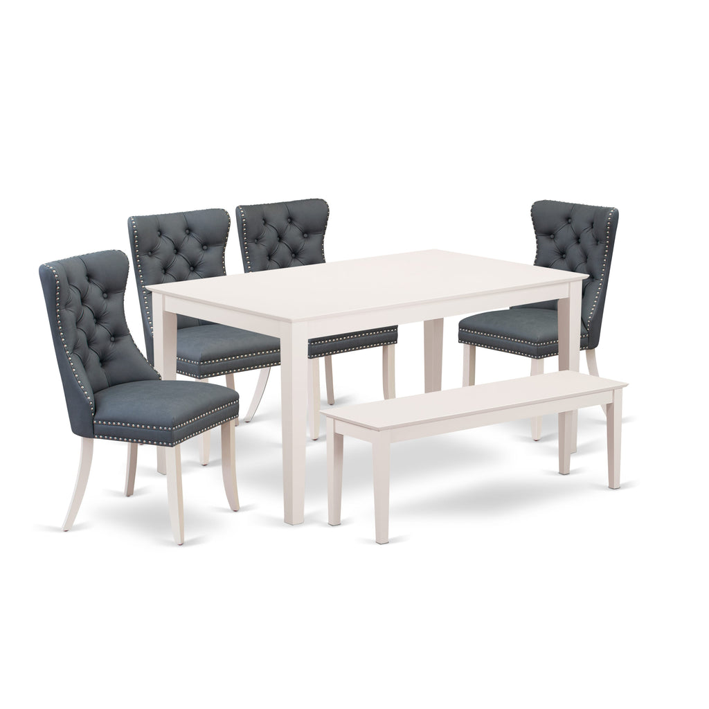 East West Furniture CADA6-LWH-13 6 Piece Dining Room Furniture Set Includes a Rectangle Dining Table and 4 Upholstered Chairs with a Bench, 36x60 Inch, linen white