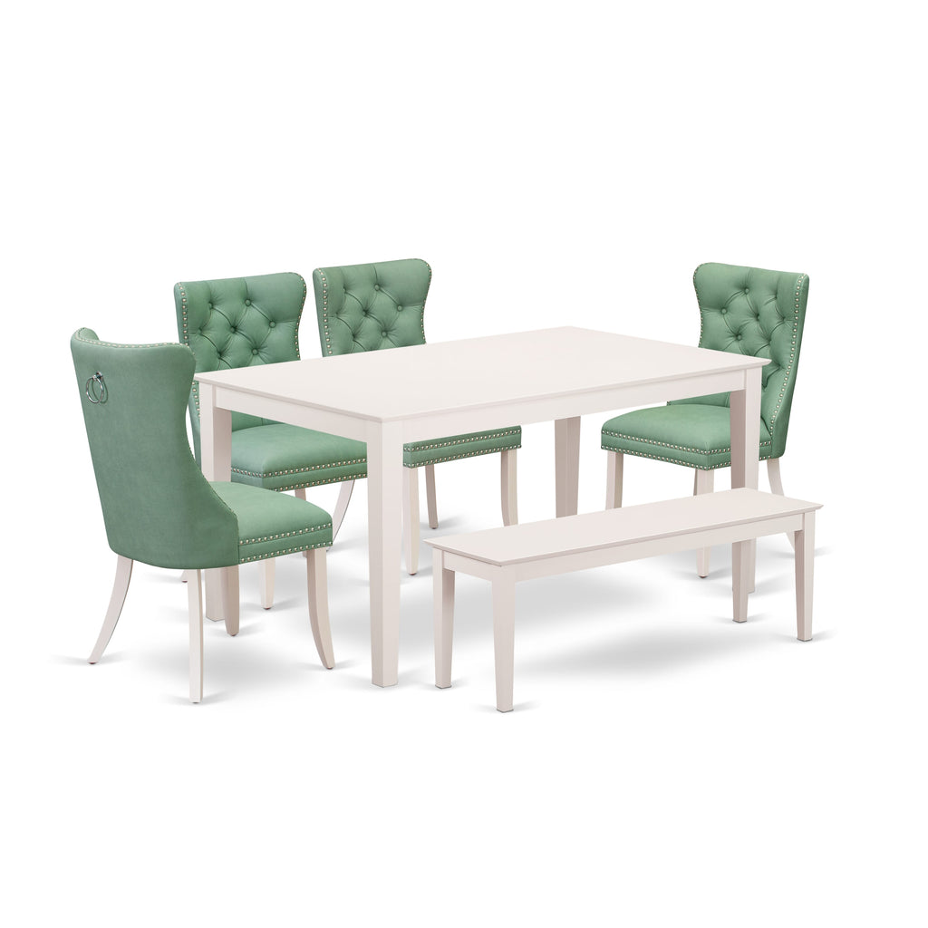 East West Furniture CADA6-LWH-22 6 Piece Dining Room Furniture Set Contains a Rectangle Dining Table and 4 Upholstered Chairs with a Bench, 36x60 Inch, linen white